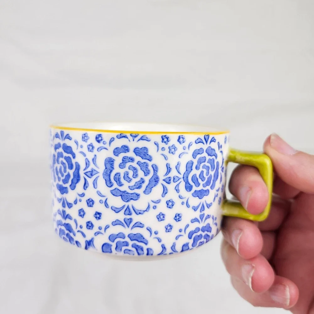 Pier 1 Imports Coffee Mugs Set of 4 Multicolor Floral Hand Painted Stoneware